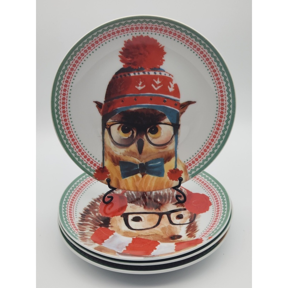 Ciroa Celebrate Holiday Christmas Winter Forest Animal 4 Salad Dessert Plates 8"